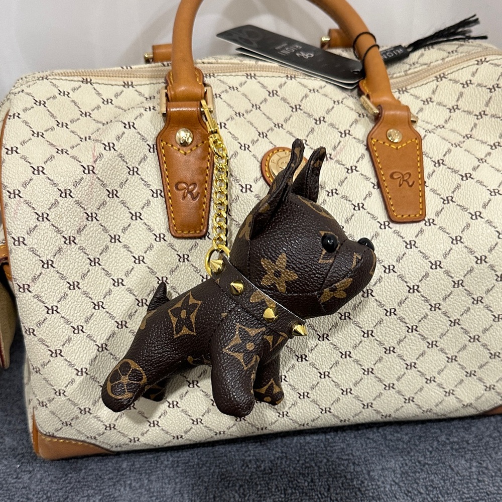 Designer-Inspired Brown Monogram Dog Keychain & Card Holder Charm